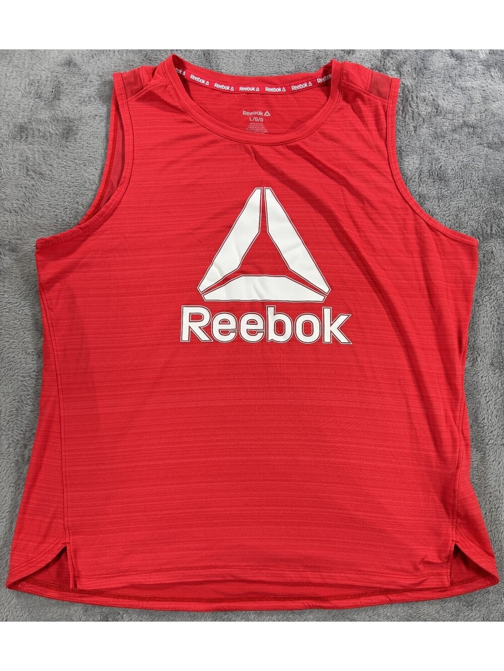 Reebok Muscle Tank Top Red w White Logo Mesh Accents Women's L Gym Casual
